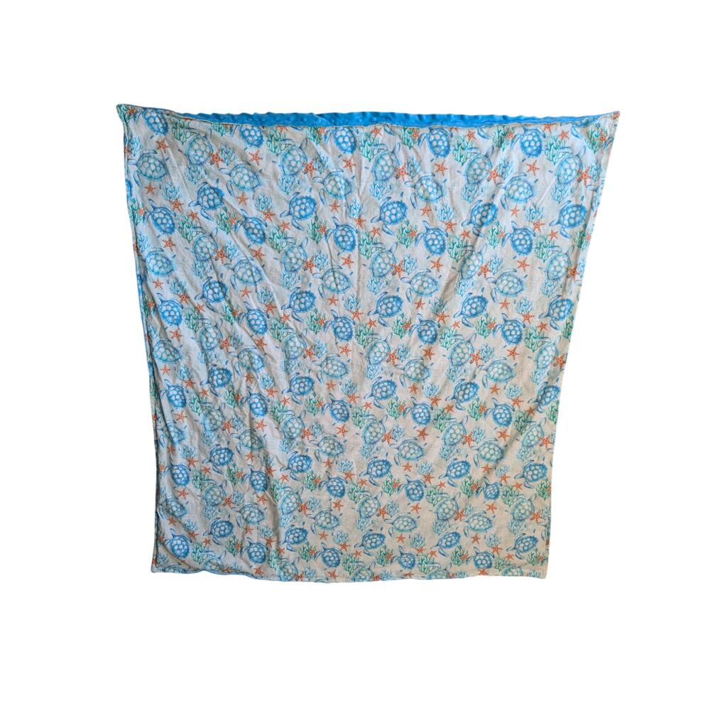 Sea Turtle Baby Blanket Minky Dot Backing Ocean Nursery Blue Throw 43x39